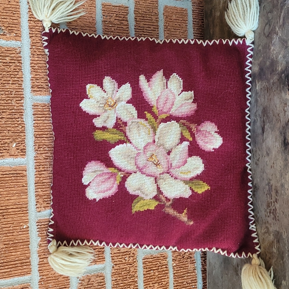 Vintage cross-stitch burgundy floral pillow